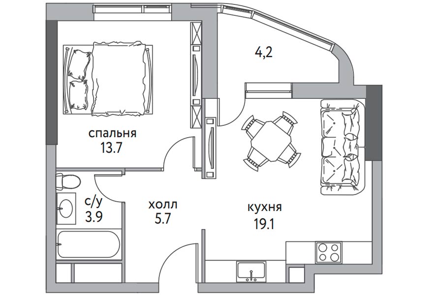 Однокомнотная квартира 45,1 м2